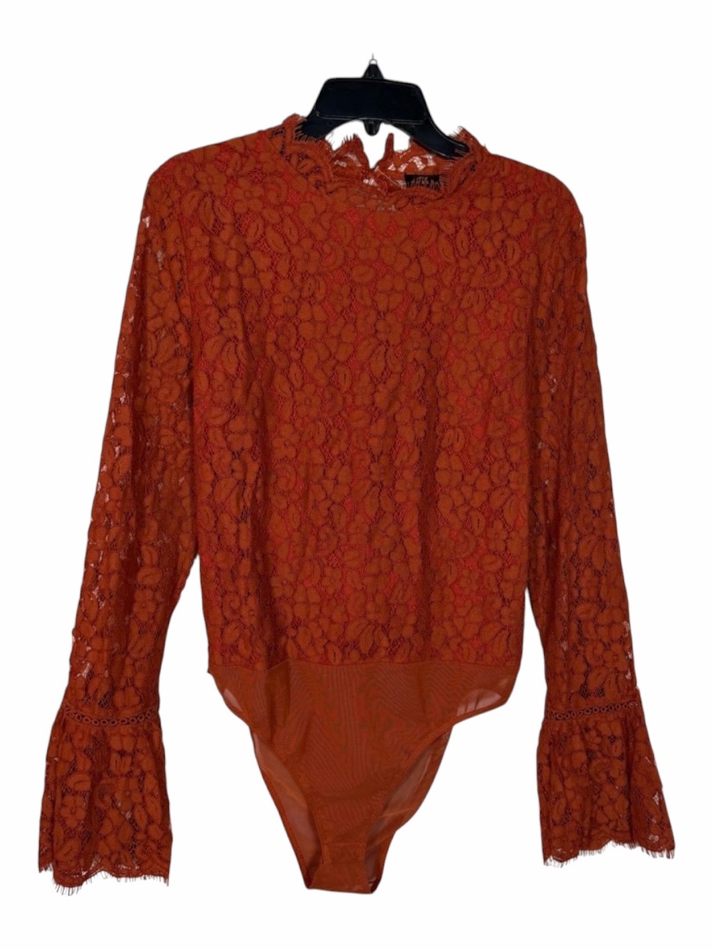 Endless Rose NWT Women’s Rust Orange Lace Long Bell Sleeve Bodysuit Size Large. - Picture 16 of 16